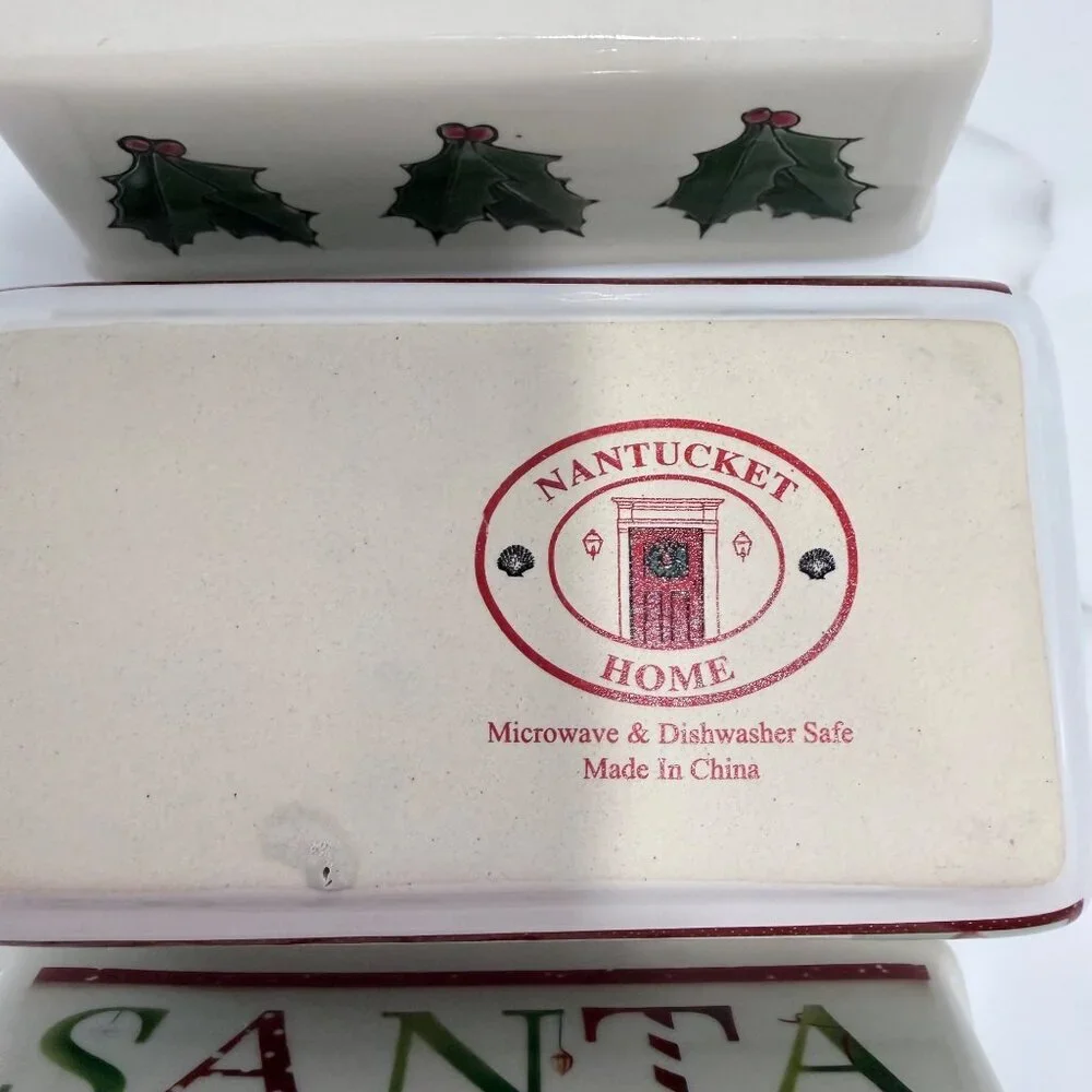 Nantucket Set of 3 Ceramic Mini Bread Loaf Pans SANTA Snowmen Holly Holiday 5x3